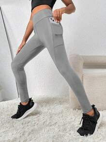 SHEIN Tween Girl Wide Waistband Phone Pocket Side Sports Leggings - Grey - View 1