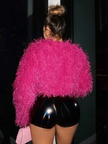 SHEIN SXY 素色開門襟毛茸茸外套 - 粉色 - 查看 2