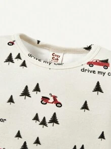 Snug Fit Baby Boy Pajamas Electric Vehicle Patterned Round Neck Long Sleeved Top And Pants Set - Apricot - View 6