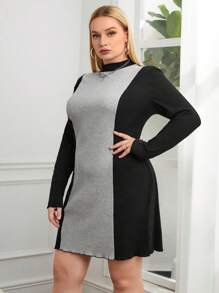 SHEIN Essnce Plus Two Tone Mock Neck Lettuce Trim Dress - Black - View 1