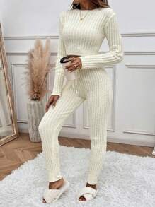 SHEIN LUNE 素色短款毛衣&腰部抽繩針織長褲 - 米色 - 查看 6