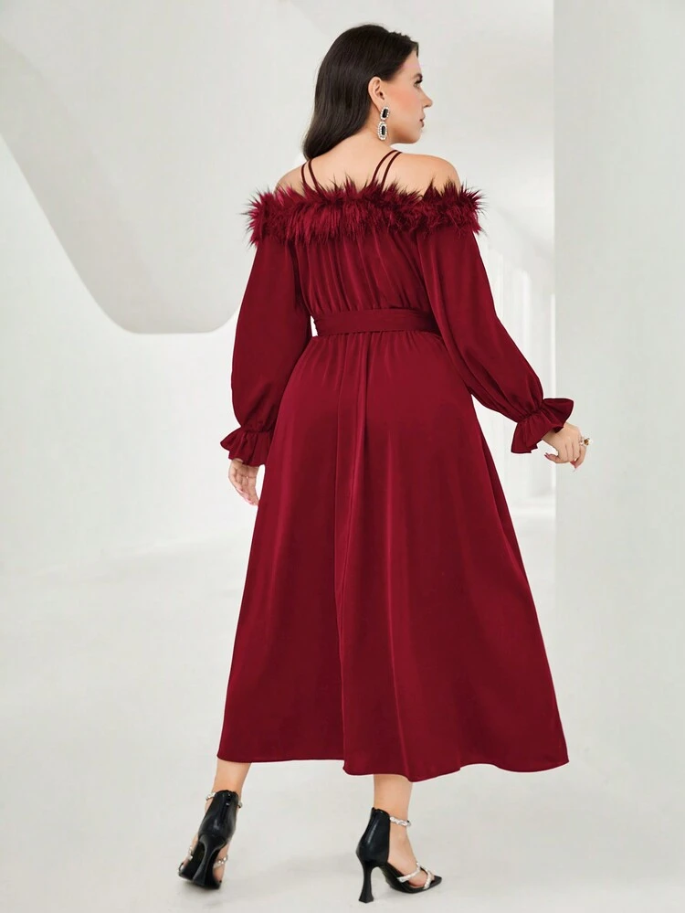 Burgundy Red Plus Off Shoulder Flounce Sleeve Belted Dress Long Evening Dresses