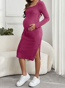 SHEIN Thai sản Cổ vuông Tách đùi Đồ đan Ribbed Đầm - Màu Hồng Tươi - Xem 1