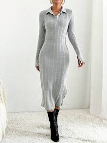 SHEIN Essnce Polo Neck Split Thigh Ribbed Knit Split Thigh Dress - Grey - View 5