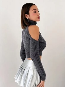 SHEIN ICON Turtleneck Cold Shoulder Knit Top - Grey - View 5