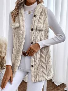 SHEIN LUNE 1pc Flap Detail Button Front Teddy Hooded Vest Coat - Beige - View 4