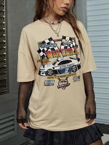 ROMWE Street Life Women's Car & Letter Print Drop Shoulder T-shirt - Apricot - View 4