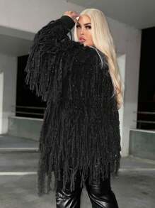 SHEIN SXY 大码流苏边休闲设计开衫 - 黑色 - 查看 2