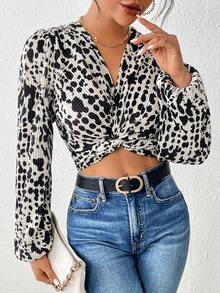 SHEIN Privé Allover Print Twist Front Lantern Sleeve Crop Blouse - Black - View 6