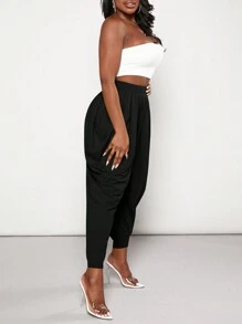 Slaydiva Solid Ruched Drop Crotch Pants - Black - View 4