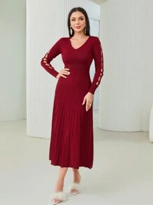 Modelyn 鏤空袖百褶下擺毛衣洋裝 - 酒紅色 - 查看 4