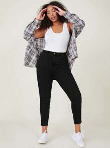 SHEIN Essnce Plus Brushed Fabric Thermal High Waist Skinny Jeans Thickened Denim, For Winter - Black - View 6