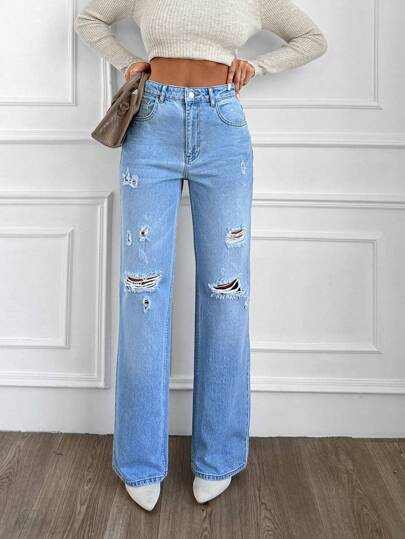 EURMUSE Solid Color Straight Leg Ripped Jeans