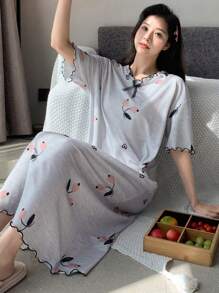 DAZY Floral Print Lettuce Trim Drop Shoulder Lounge Dress Pajama - Grey - View 6