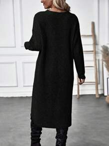 SHEIN Clasi Solid Wrap Hem Drop Shoulder Sweater,Long Sleeve Tops Knit Pullover Fall Winter Sweater - Black - View 2