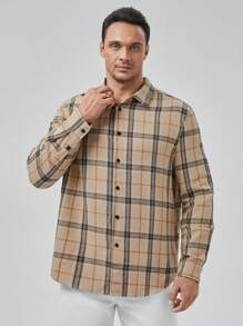 GENTILAND Men Plus Plaid Print Shirt - Khaki - View 1