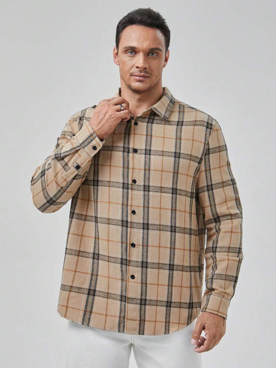 GENTILAND Men Plus Plaid Print Shirt - Khaki - View 1