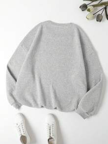 SHEIN EZwear 大碼字母圖案加絨內裏運動衫 - 灰色 - 查看 2