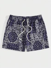 GENTILAND Men Paisley Scarf Print Drawstring Waist Shorts - Purple - View 3
