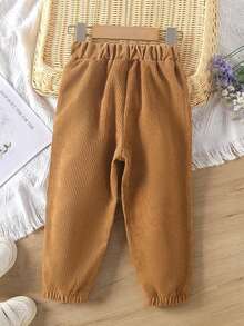 女小童紐扣細節斜口袋燈芯絨長褲 - 棕色 - 查看 2