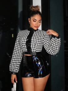 SHEIN SXY Houndstooth Print Lantern Sleeve Contrast Trim Tweed Overcoat - Black and White - View 5