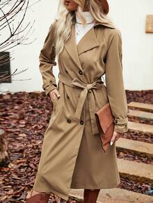 SHEIN Frenchy Đôi ngực Thắt lưng Áo khoác Trench - Màu Khaki - Xem 7