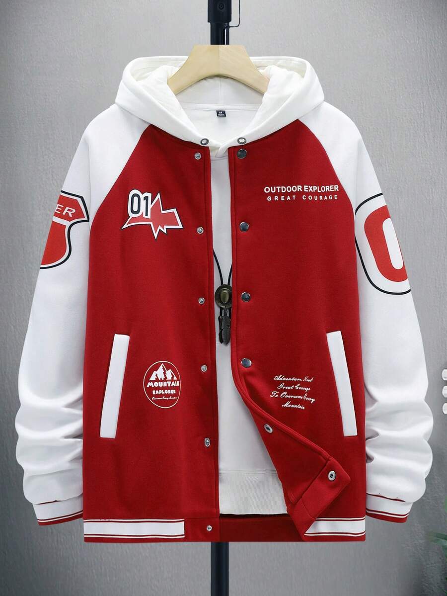 Aesthetic Post--Men's Loose Fit Slogan Graphic Raglan Sleeve Jacket Without Hoodie - Red and White - View 1
