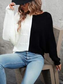 SHEIN LUNE 雙色蝙蝠袖套頭毛衣 - 黑與白 - 查看 6