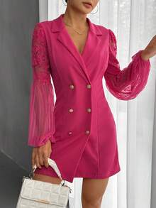 SHEIN Privé 蕾絲拼接燈籠袖雙排釦西裝洋裝 - 玫紅色 - 查看 5