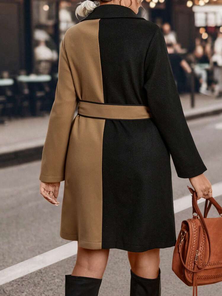 Plus Two Tone Double Breasted Belted Overcoat