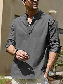 Men Solid Half Button Shirt - Grey - View 1