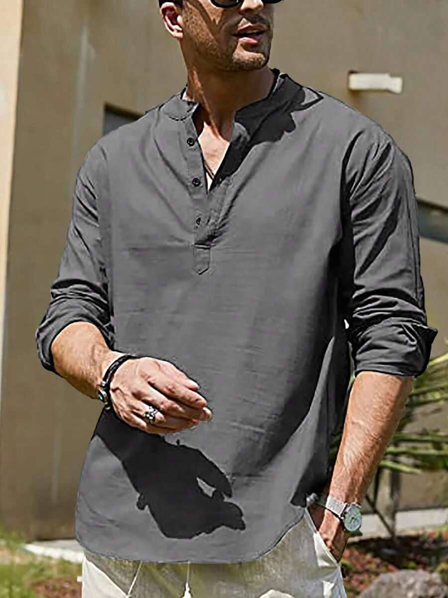 Men Solid Half Button Shirt - Grey - View 1