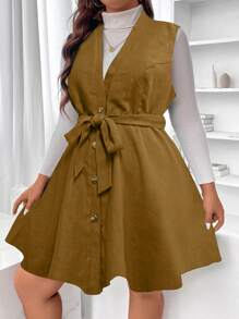 Flirla Plus Button Front Belted Dress Without Sweater - Brown - View 4