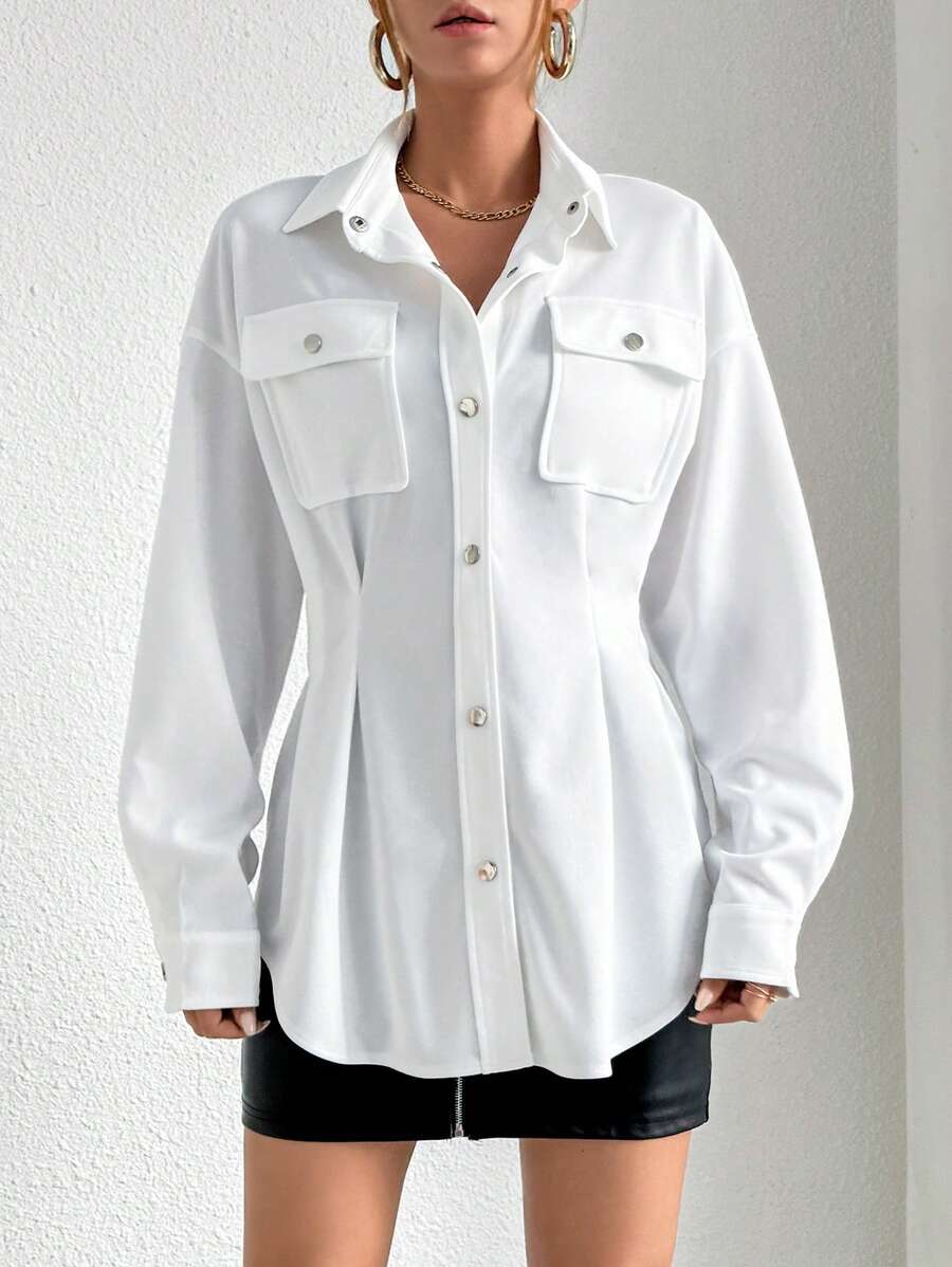 SHEIN Essnce Flap Pocket Drop Shoulder Fold Pleated Detail Coat - White - View 1