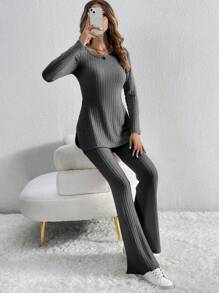 SHEIN Tall 下擺開叉T恤&喇叭褲 - 深灰色 - 查看 7