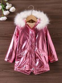 SHEIN 女小童毛茸邊連帽毛絨內襯金屬質感外套 - 粉色 - 查看 3