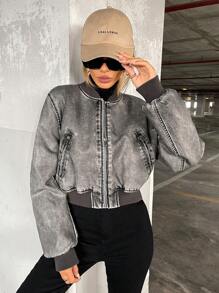 Aveloria Affinna Top-Stitching Drop Shoulder Zipper PU leren bomberjack