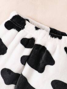 SHEIN Young Girl Cow Pattern Teddy Sweatshirt & Pants - White - View 5