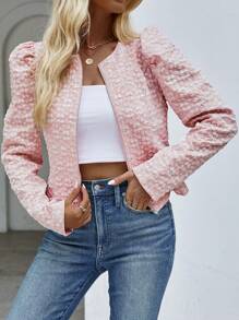SHEIN Clasi Jacquard Gigot Sleeve Zip Up Jacket - Pink - View 3