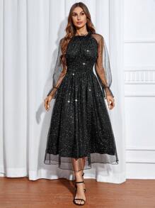 Contrast Sequin Mesh Overlay Flounce Sleeve Dress - Black - View 1