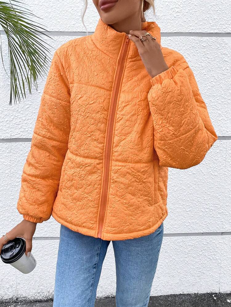 Zip Up Slant Pocket Textured Padded Padded Coat Clothes Winter