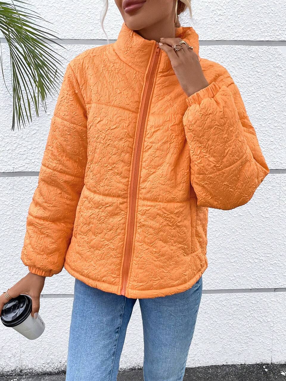 Zip Up Slant Pocket Textured Padded Padded Coat Clothes Winter