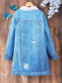 SHEIN Tween Girl 1pc Ripped Flap Pocket Borg Collar Teddy Lined Coat - Blue - View 2