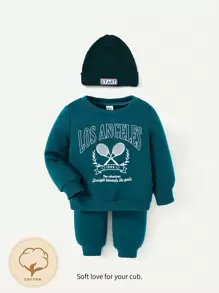 Cozy Pixies 男嬰網球拍和字母圖案衛衣和衛褲附帽子 - 綠色 - 查看 3