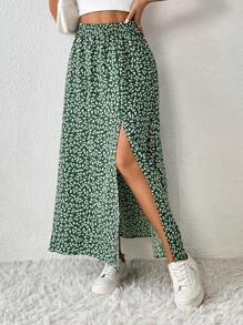 SHEIN PETITE Ditsy Floral Print Split Thigh Skirt - Green - View 3