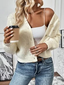 SHEIN LUNE 前紐扣落肩袖開襟衫 - 白色 - 查看 5