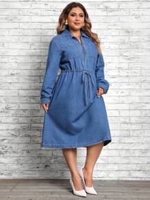SHEIN LUNE Plus Half Zip Drawstring Waist Denim Dress - Medium Wash - View 6