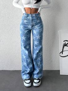 SHEIN Cottnline 女性星形圖案直筒牛仔褲 - 中等水洗藍 - 查看 3