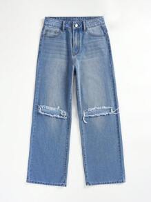 SHEIN EZwear Ripped Straight Leg Jeans - Medium Wash - View 5