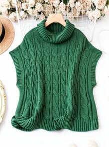 SHEIN LUNE Talla grande Top cuello alto tejido de cable - Verde - Ver 1